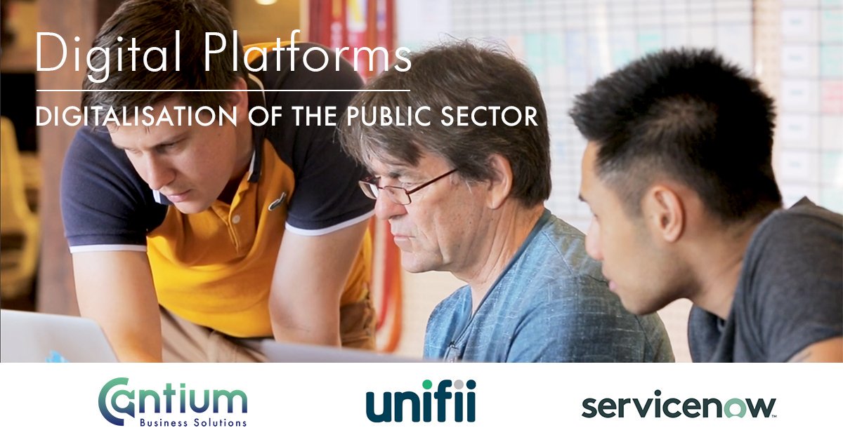 image of 3 people looking at a laptop with text 'digital platforms digitalisation of the public sector'