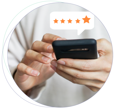 Woman giving 5 star review over her mobile device.