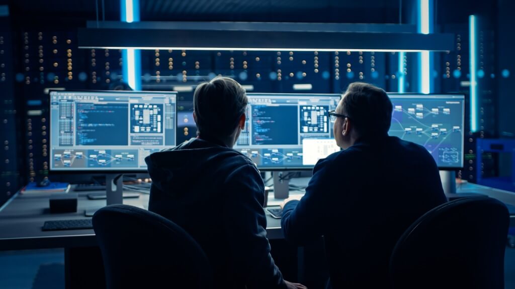 two people in a dark blue room looking at 3 screens with data