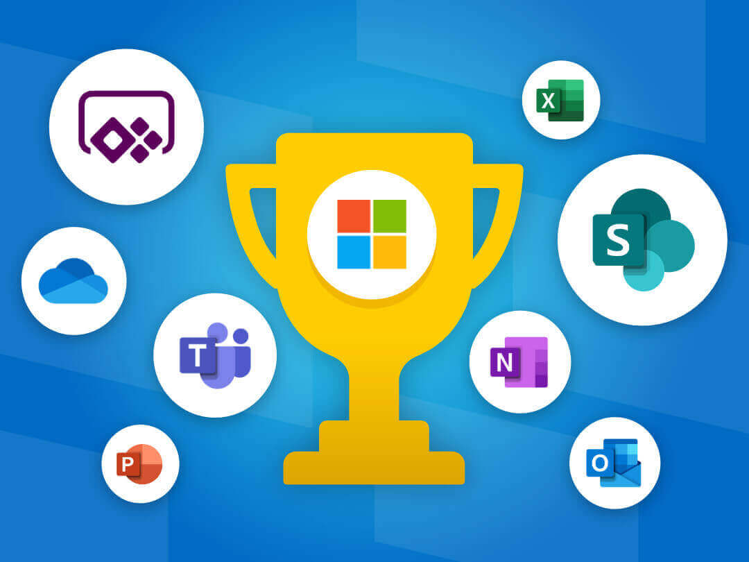 Decorative image showing a cup, Windows logo and other Microsoft logos to depict the digital champion programme from Microsoft